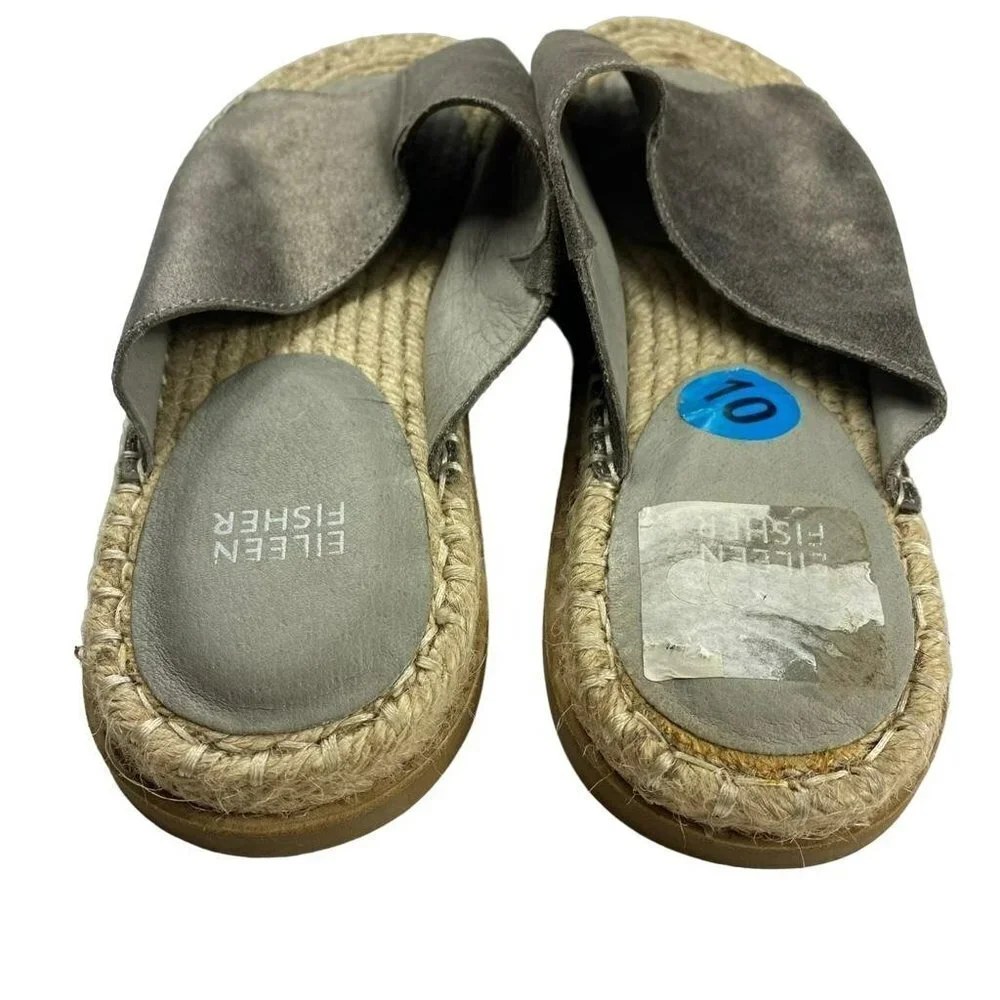 Eileen Fisher Metallic Pewter Milly Mule Espadrille Leather‎ Open Toe Sandals 10